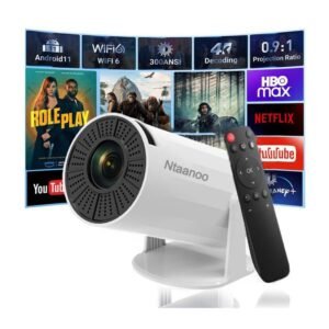 Ntaanoo Mini Projektor 2025 – 4K-t támogat, hordozható intelligens projektor WiFi 6-val és BT5.0-mal, automatikus derékszögű igazítással, 360°-ban forgatható mobiltelefonhoz, TV stickhez és laptophoz